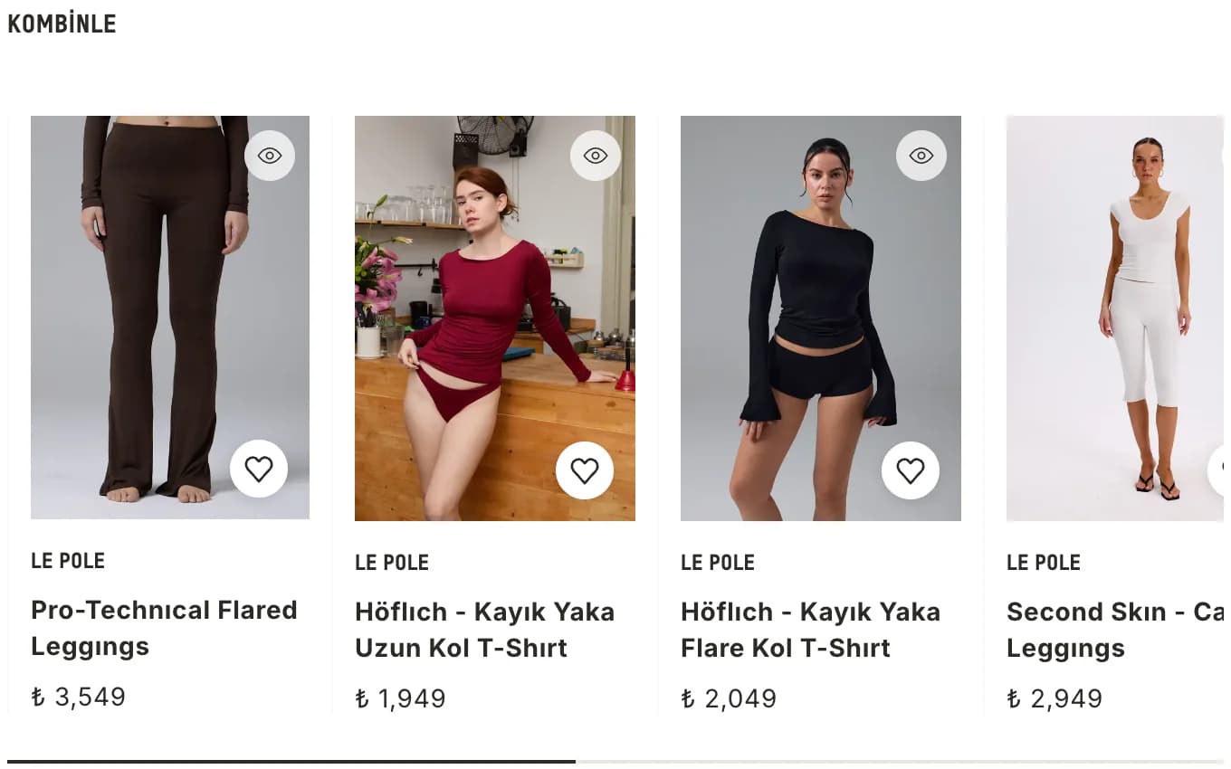 The Kombinle (pair it) section on a Le Pole product page: cards for items to wear with the Deep Dual top, with photos, names and prices.
