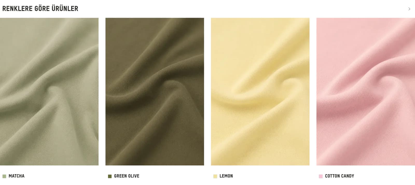 The Renklere Göre Ürünler (products by color) strip on the Le Pole homepage: matcha, green olive, lemon and cotton candy fabric textures side by side with their color names.