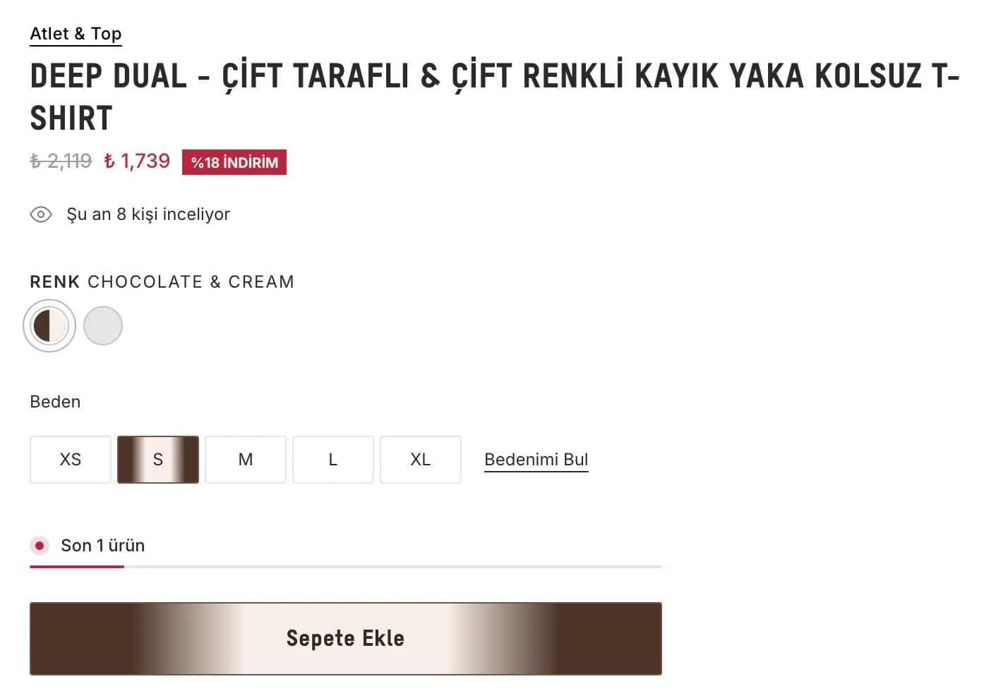 The Le Pole Deep Dual top page with the Chocolate & Cream color selected, size S chosen, a Son 1 ürün (last item) stock warning and the Sepete Ekle (add to cart) button.