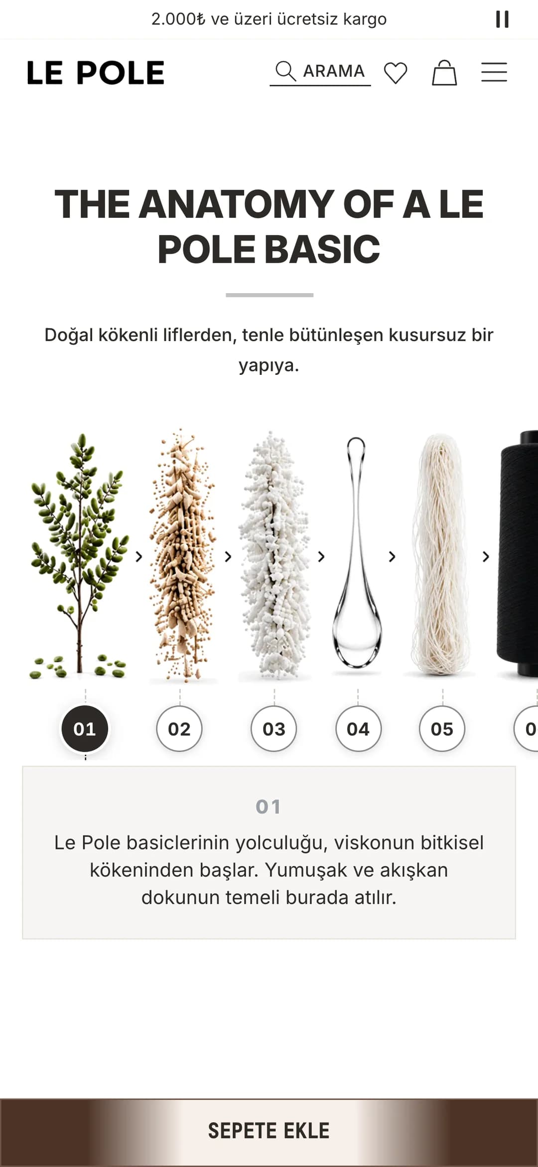 Le Pole ürün sayfasındaki The Anatomy of a Le Pole Basic bölümü telefonda: bitkiden life ve ipliğe uzanan adım görselleri, 01'den başlayan numaralı adımlar ve ilk adımın açıklaması; altta yapışkan Sepete Ekle çubuğu.