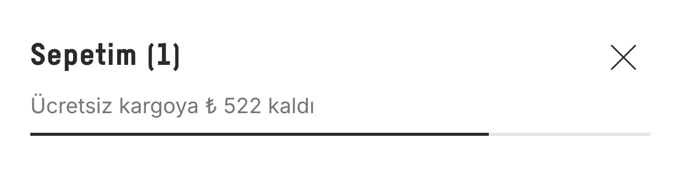 Sepet çekmecesinin yakın planı: Sepetim (1) başlığı, Ücretsiz kargoya ₺ 522 kaldı yazısı ve yaklaşık dörtte üçü dolu ilerleme çubuğu.