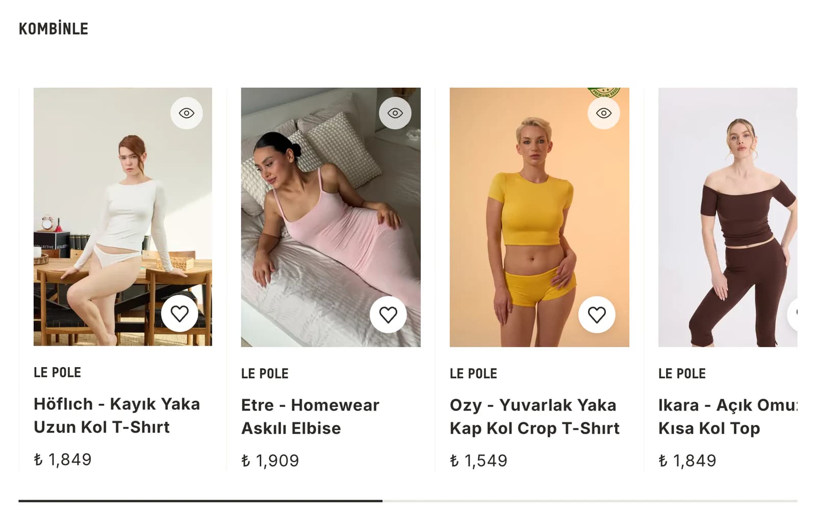 Le Pole ürün sayfasındaki Kombinle şeridinin yakın planı: Höflich kayık yaka uzun kol tişört, Etre askılı homewear elbise, Ozy yuvarlak yaka crop tişört ve Ikara açık omuz top kartları fotoğraf, ad ve fiyatlarıyla.