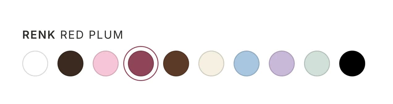 Ozy kısa kollu tişörtün renk seçicisinin yakın planı: Renk Red Plum yazısının altında beyaz, espresso, cotton candy, seçili red plum, chocolate, cream, sweetblue, soft lavender, matcha ve siyah renk daireleri.