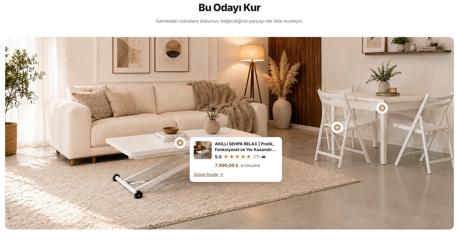 The Bu Odayı Kur (build this room) scene on the Massada homepage: a living room with a white smart coffee table, a table and chairs marked with plus hotspots; an open card shows the Relax smart coffee table with rating, price and a link to the product.