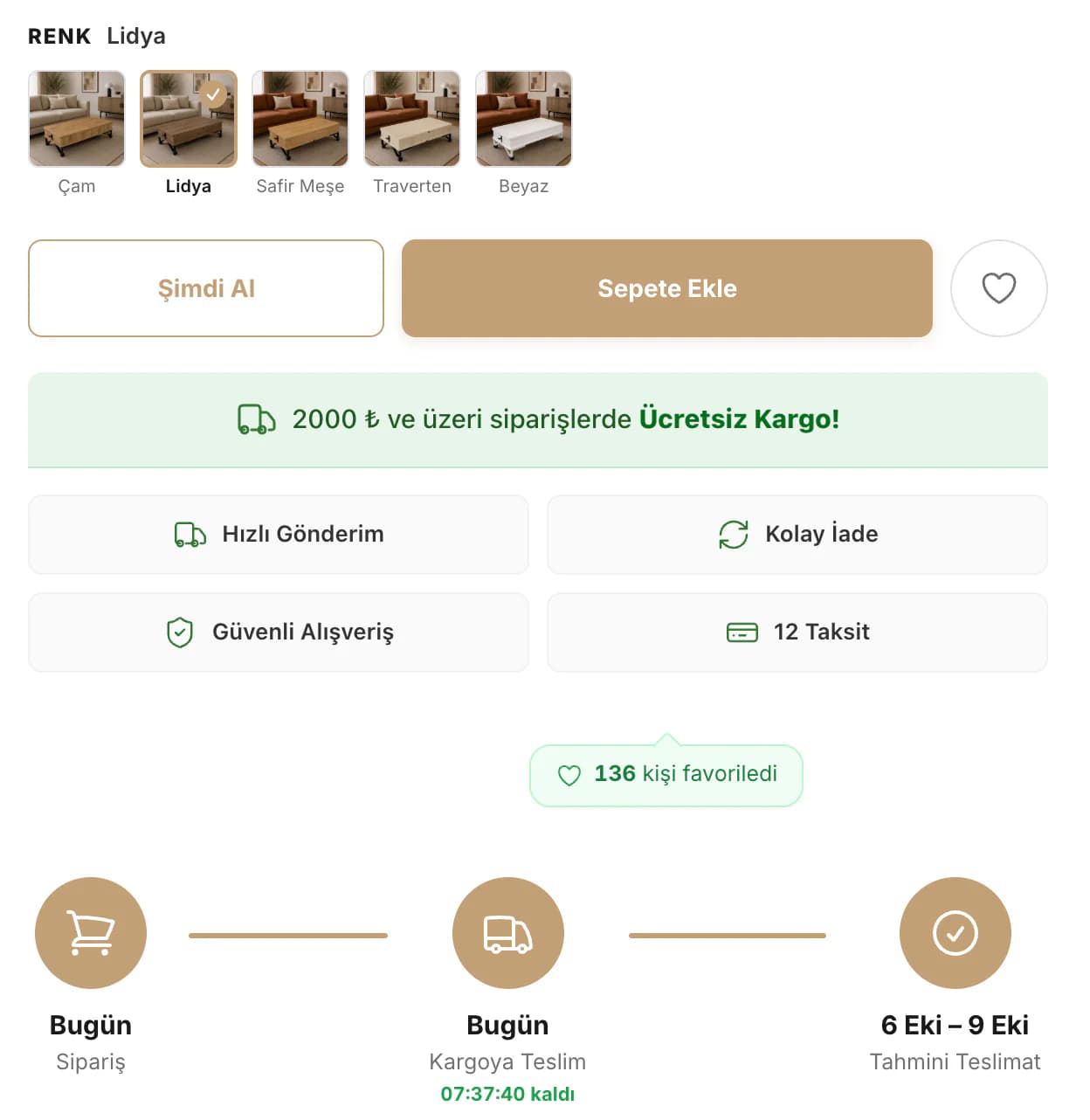Below the colour options on a Massada product page: buy-now and add-to-cart buttons, a free shipping note over 2000 TL, fast dispatch, easy returns, secure shopping and instalment tiles, then order, hand-over to carrier and estimated delivery dates.