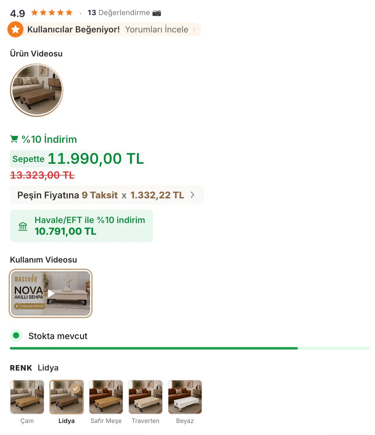The buy column of the Massada Nova smart coffee table page: rating, product video, 10% off price, 9 instalments at the cash price, a 10% bank transfer discount, the usage video cover, stock status and colour options with Lidya selected.