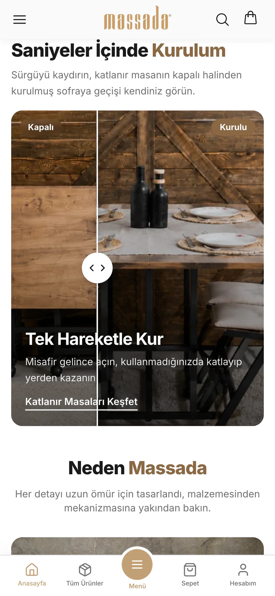 Massada ana sayfasındaki Saniyeler İçinde Kurulum alanı telefonda: Sürgüyü kaydırın açıklamasının altında tek görselde solda duvara katlanmış masa (Kapalı), sağda kurulmuş sofra (Kurulu), aradaki sürgü tutamacı; altta Tek Hareketle Kur başlığı ve Katlanır Masaları Keşfet bağlantısı.