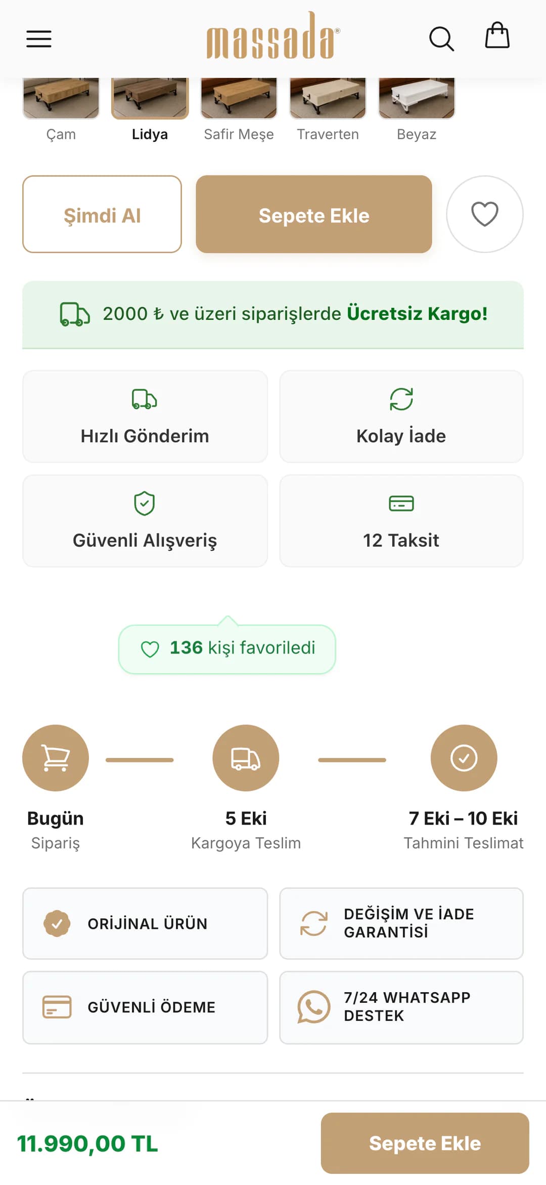 Nova ürün sayfasında renk kutularının altı telefonda: Şimdi Al ve Sepete Ekle düğmeleri, 2000 ₺ ve üzeri siparişlerde Ücretsiz Kargo notu, Hızlı Gönderim, Kolay İade, Güvenli Alışveriş ve 12 Taksit kutuları, 136 kişi favoriledi etiketi, Bugün sipariş, 5 Eki kargoya teslim ve 7-10 Eki tahmini teslimat adımları, Orijinal Ürün, Değişim ve İade Garantisi, Güvenli Ödeme ve 7/24 WhatsApp Destek kutuları.