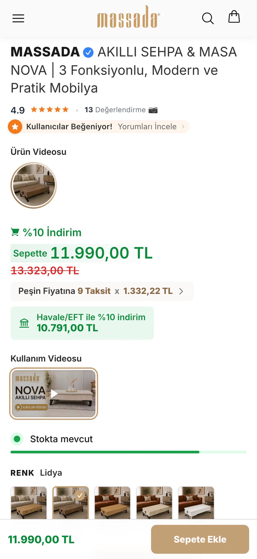 Nova ürün sayfasının karar alanı telefonda: ürün adı ve puanın altında %10 İndirim, Sepette 11.990,00 TL fiyatı ve üstü çizili 13.323,00 TL, Peşin Fiyatına 9 Taksit x 1.332,22 TL satırı, Havale/EFT ile %10 indirim kutusu (10.791,00 TL), Kullanım Videosu kapağı, Stokta mevcut çubuğu ve Lidya seçili renk kutuları.