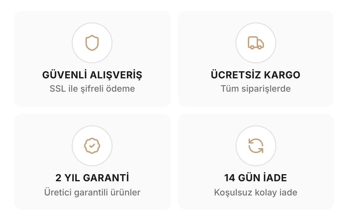 Massada ana sayfasındaki güven kutuları telefonda: Güvenli Alışveriş (SSL ile şifreli ödeme), Ücretsiz Kargo (Tüm siparişlerde), 2 Yıl Garanti (Üretici garantili ürünler) ve 14 Gün İade (Koşulsuz kolay iade), her birinde bej çizgili simge.