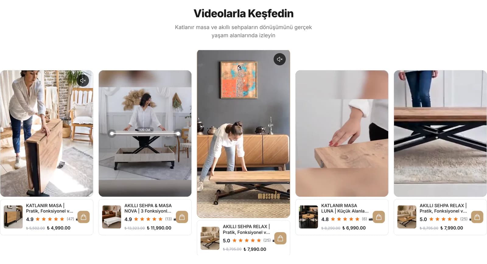 The Videolarla Keşfedin (discover with videos) strip on the Massada homepage: usage videos of folding tables and smart coffee tables, each with product name, rating, price and a cart button.