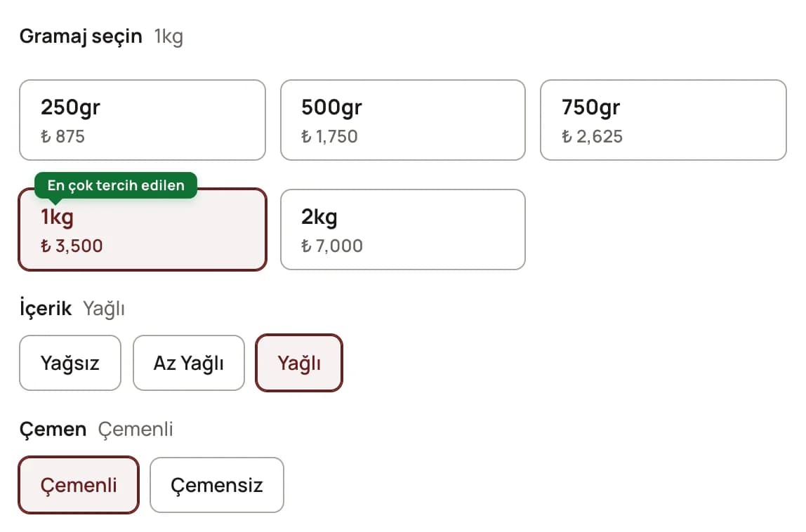 Weight buttons with their prices on the Kayseri pastırma page at Pastırmacı Polat (250 g to 2 kg, 1 kg marked most chosen), above separate groups for lean, semi-lean or fatty cut and with or without çemen.