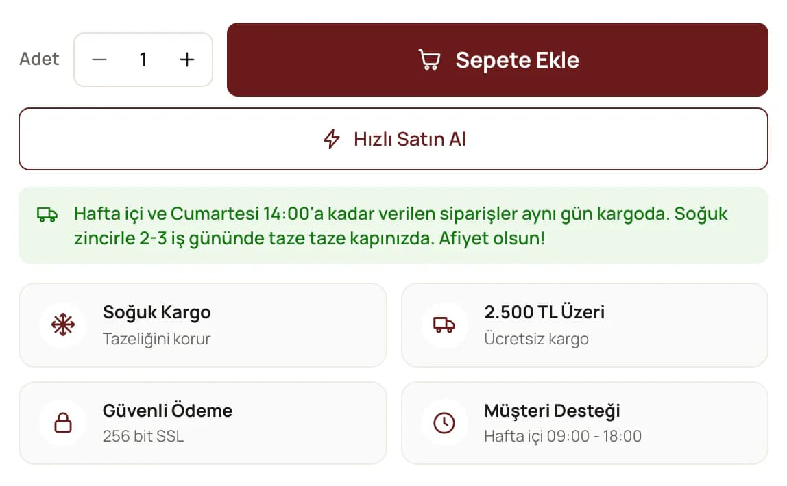 Below the add-to-cart and quick-buy buttons on a Pastırmacı Polat product page: a note that orders placed by 14:00 on weekdays and Saturdays ship the same day, then tiles for cold shipping, free shipping over 2,500 TL, secure payment and customer support.
