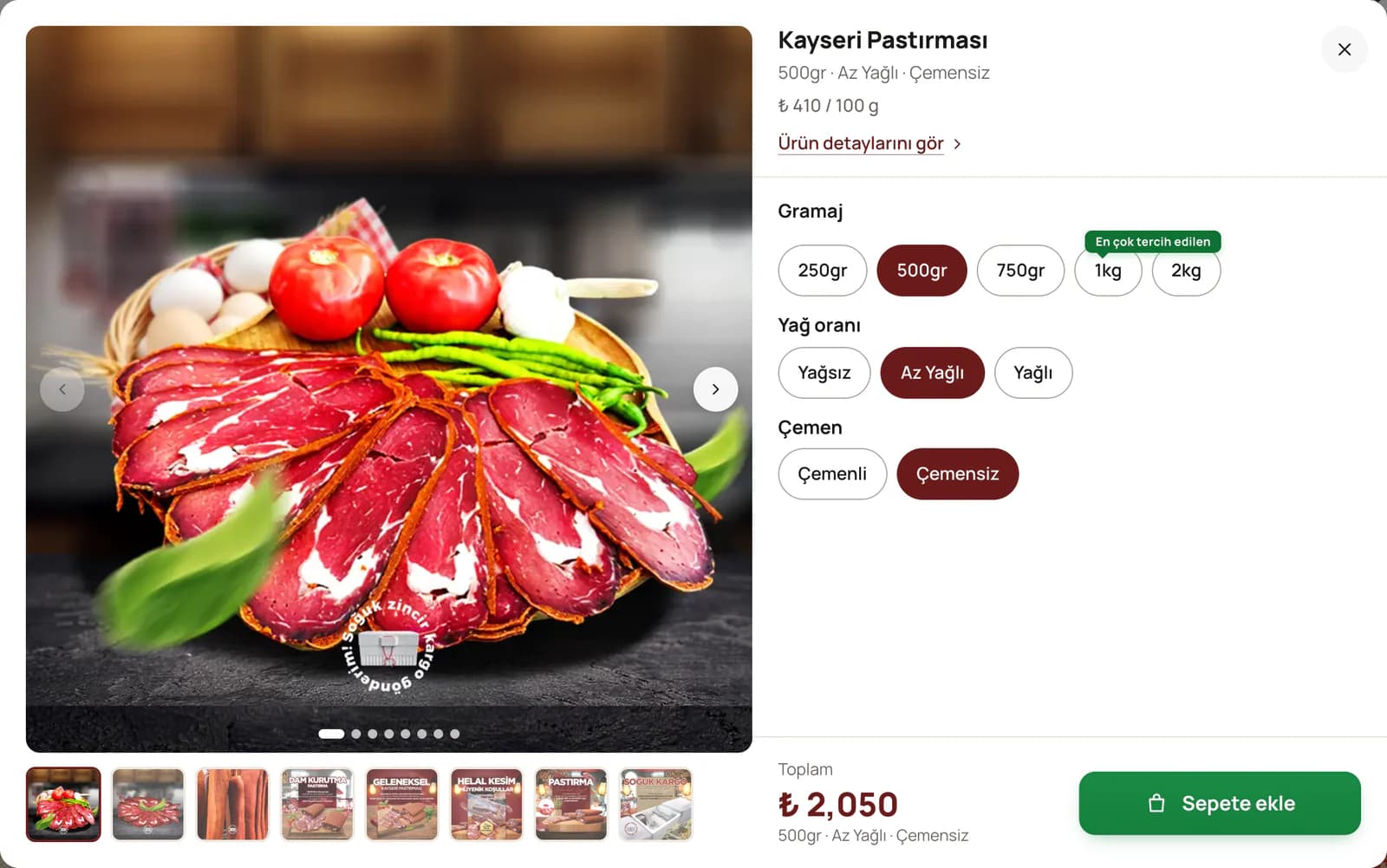 The quick-select window opened from a product card on the Pastırmacı Polat homepage: weights from 250 g to 2 kg for Kayseri pastırma (1 kg marked most chosen), lean, semi-lean and fatty cuts, with or without çemen spice paste, the price per 100 g and the total.