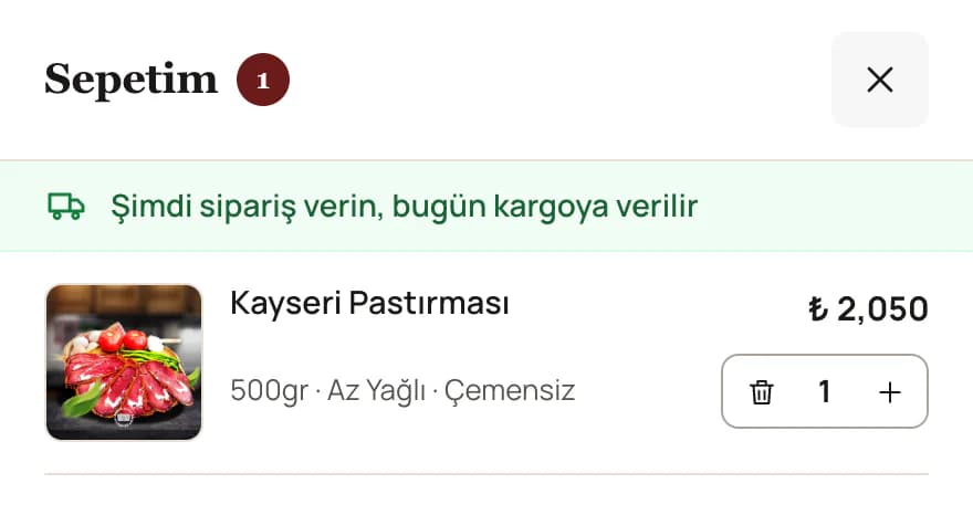 The Pastırmacı Polat cart drawer: an order-now-ships-today note and the Kayseri pastırma in the cart with the chosen 500 g, semi-lean and no-çemen options, its price and quantity.