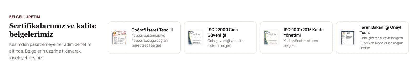 The certified production section on the Pastırmacı Polat homepage: a title for certificates and quality documents, a note that each one opens on click, and cards for geographical indication, ISO 22000, ISO 9001 and Ministry of Agriculture approval.