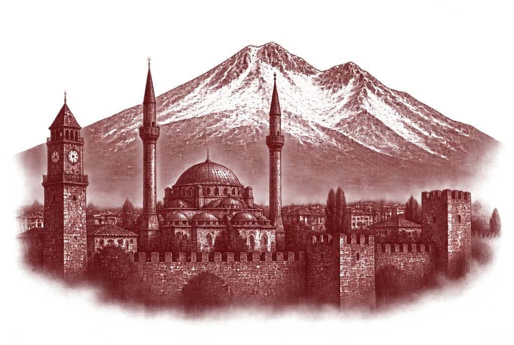 Pastırmacı Polat'ın bordo gravür çizimi: karlı Erciyes Dağı önünde Kayseri silüeti; saat kulesi, minareli cami ve kale surları.