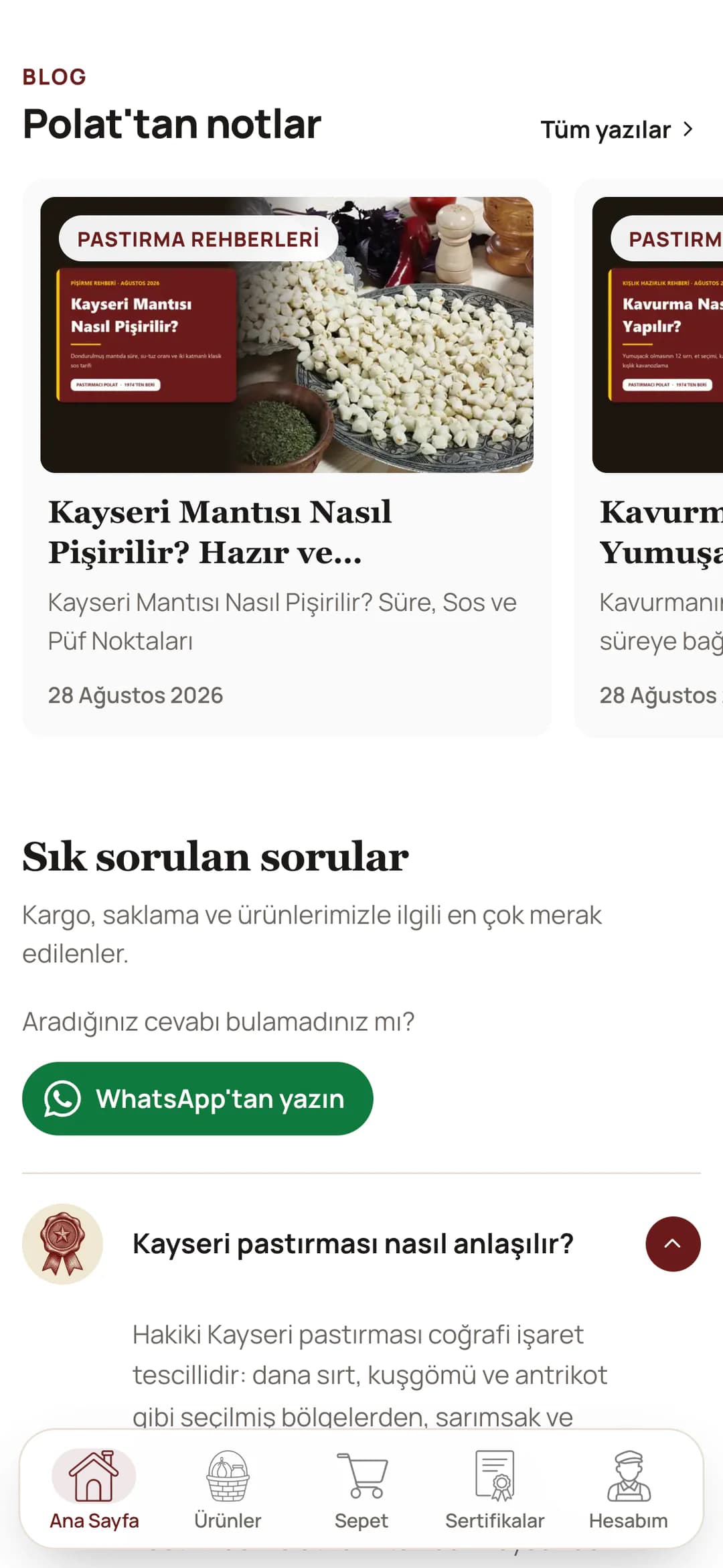 Pastırmacı Polat ana sayfasındaki Polat'tan notlar blog şeridi telefonda: Pastırma Rehberleri etiketli Kayseri Mantısı Nasıl Pişirilir? yazısının kapağı, başlığı, özeti ve tarihi; altında Sık sorulan sorular başlığı, WhatsApp'tan yazın düğmesi ve açık ilk soru: Kayseri pastırması nasıl anlaşılır?