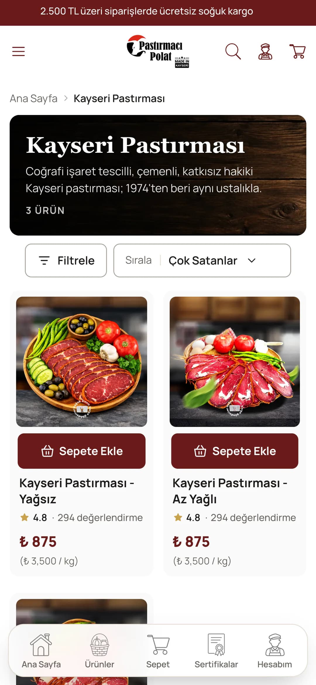 Pastırmacı Polat Kayseri Pastırması kategori sayfası telefonda: koyu ahşap zeminli başlık kutusunda kısa tanım ve 3 ürün bilgisi, Filtrele ve Çok Satanlar sıralama düğmeleri, altında yağsız ve az yağlı pastırma kartları fiyat ve kilogram fiyatıyla.