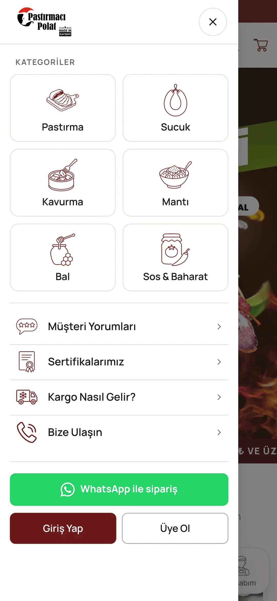 Pastırmacı Polat'ın telefonda açılan menüsü: Kategoriler başlığı altında Pastırma, Sucuk, Kavurma, Mantı, Bal ve Sos & Baharat kutuları, her biri kendi bordo çizgi ikonuyla; altında Müşteri Yorumları, Sertifikalarımız, Kargo Nasıl Gelir? ve Bize Ulaşın satırları, WhatsApp ile sipariş, Giriş Yap ve Üye Ol düğmeleri.