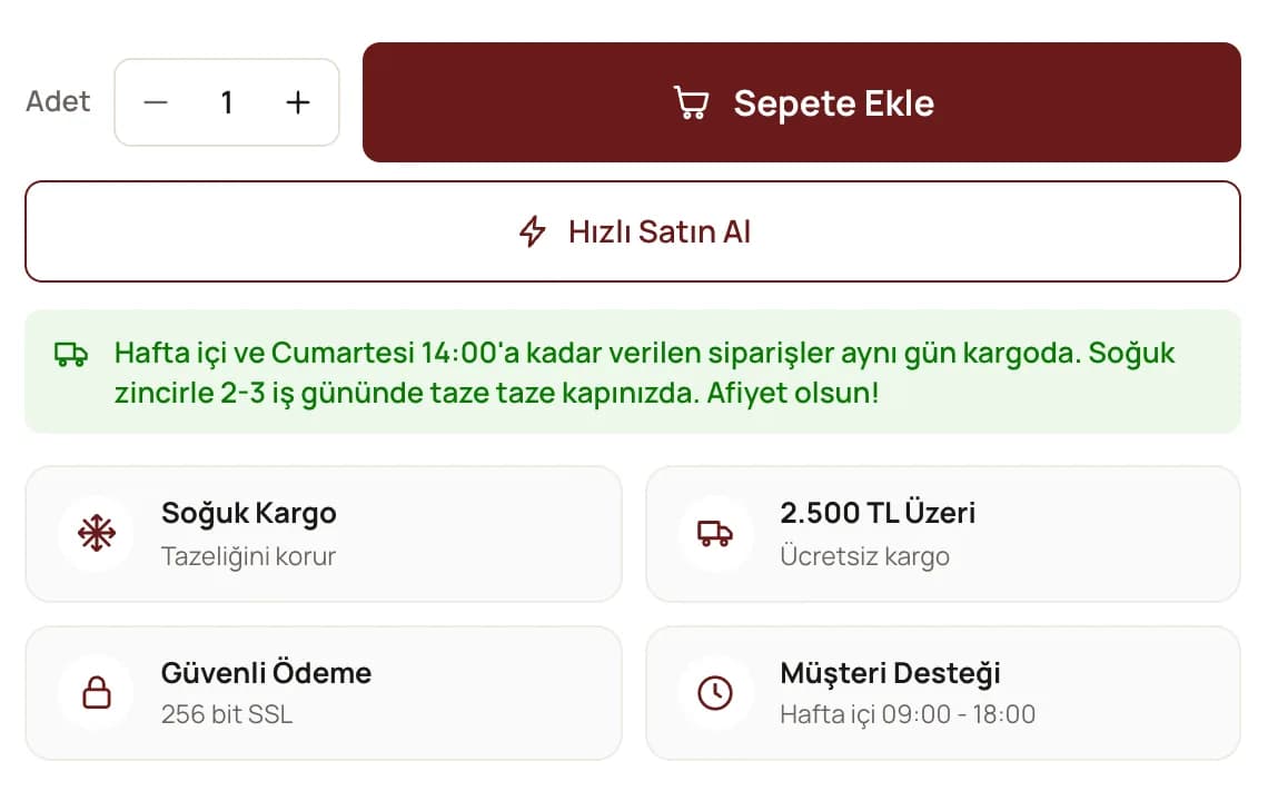 Kayseri pastırması ürün sayfasındaki satın alma alanının yakın planı, masaüstünde: adet seçici, Sepete Ekle ve Hızlı Satın Al düğmeleri; altında yeşil notta hafta içi ve cumartesi 14:00'a kadar verilen siparişlerin aynı gün kargoda olduğu ve soğuk zincirle 2-3 iş gününde teslim bilgisi; Soğuk Kargo, 2.500 TL Üzeri Ücretsiz kargo, Güvenli Ödeme ve Müşteri Desteği kutuları.