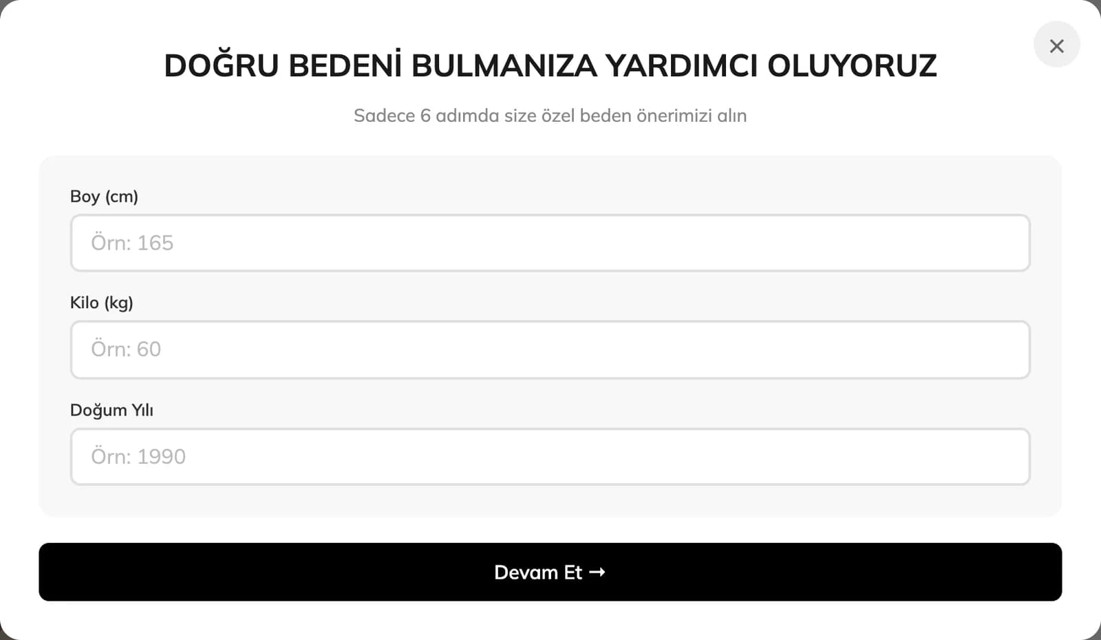The Bedenimi Bul (find my size) window on a Rasquad product page: a heading offering help finding the right size, a note about a six-step recommendation, height, weight and birth year fields and a continue button.