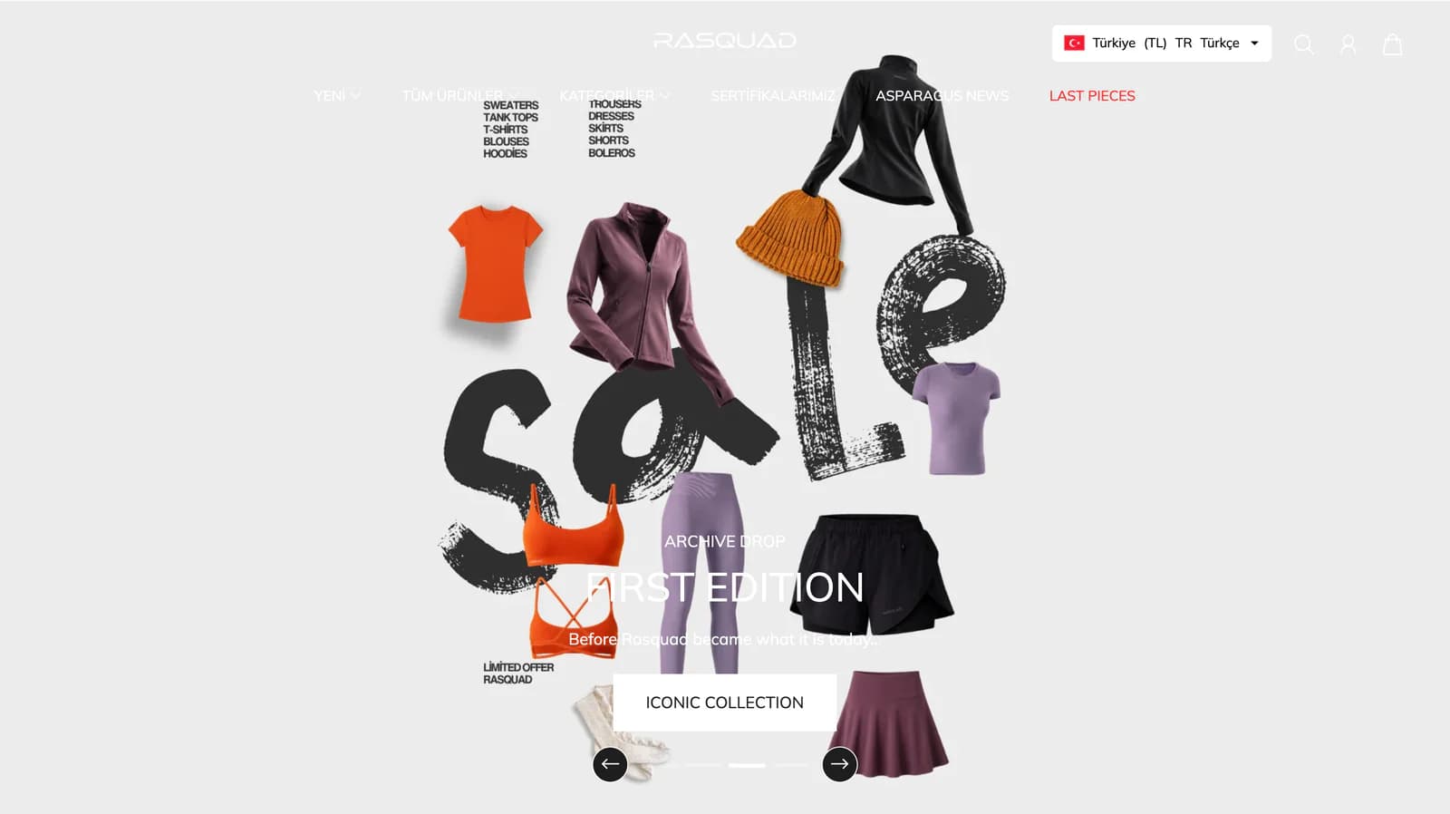 The Rasquad homepage hero slide: First Edition under an Archive Drop label, the line Before Rasquad became what it is today and an Iconic Collection button, over tops, jackets, leggings and shorts arranged around the word Sale.