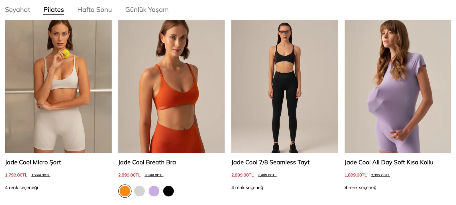 Rasquad ana sayfasında kullanım anı sekmeleri: Seyahat, Pilates, Hafta Sonu ve Günlük Yaşam; Pilates sekmesinde Jade Cool ürün kartları; Jade Cool Breath Bra kartında renk seçenekleri yuvarlak renk örnekleriyle açık.