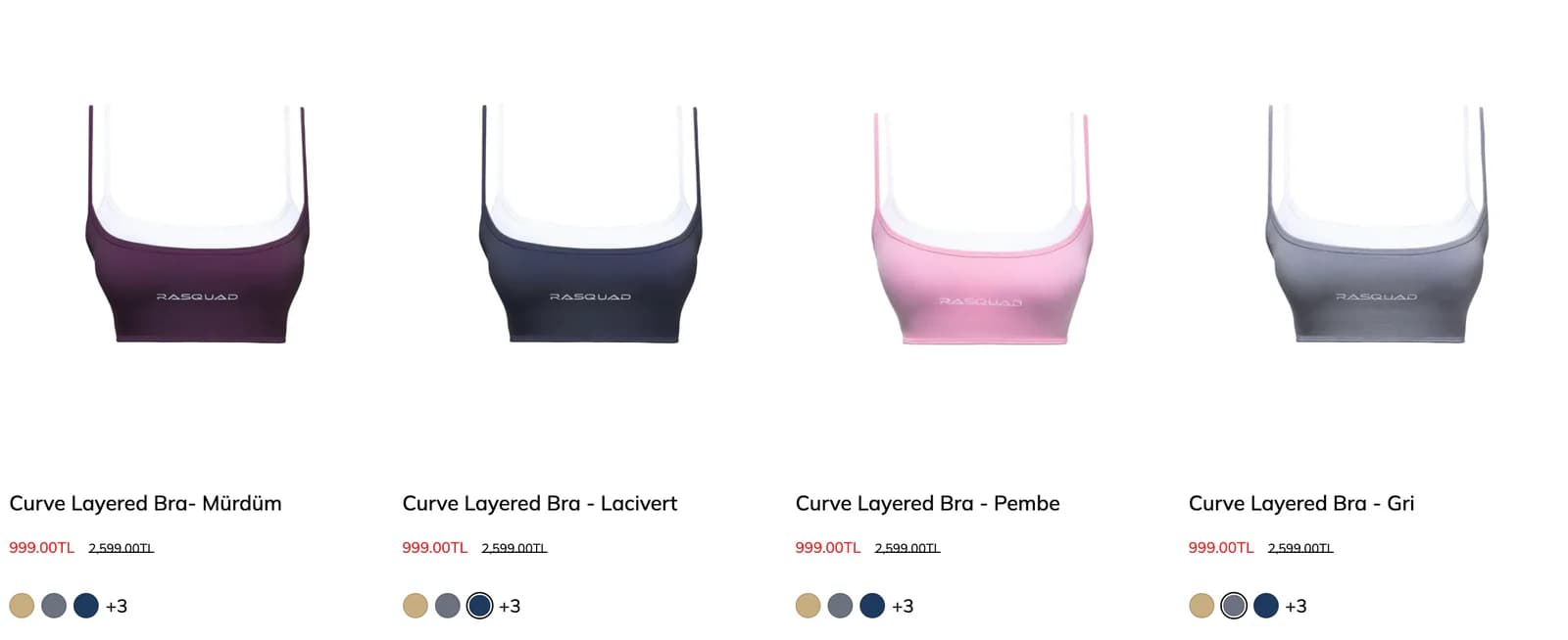Four product cards in the Rasquad Last Pieces collection: the Curve Layered Bra in different colors, a red sale price next to the struck-through original price, color swatches and a +3 indicator for more colors.