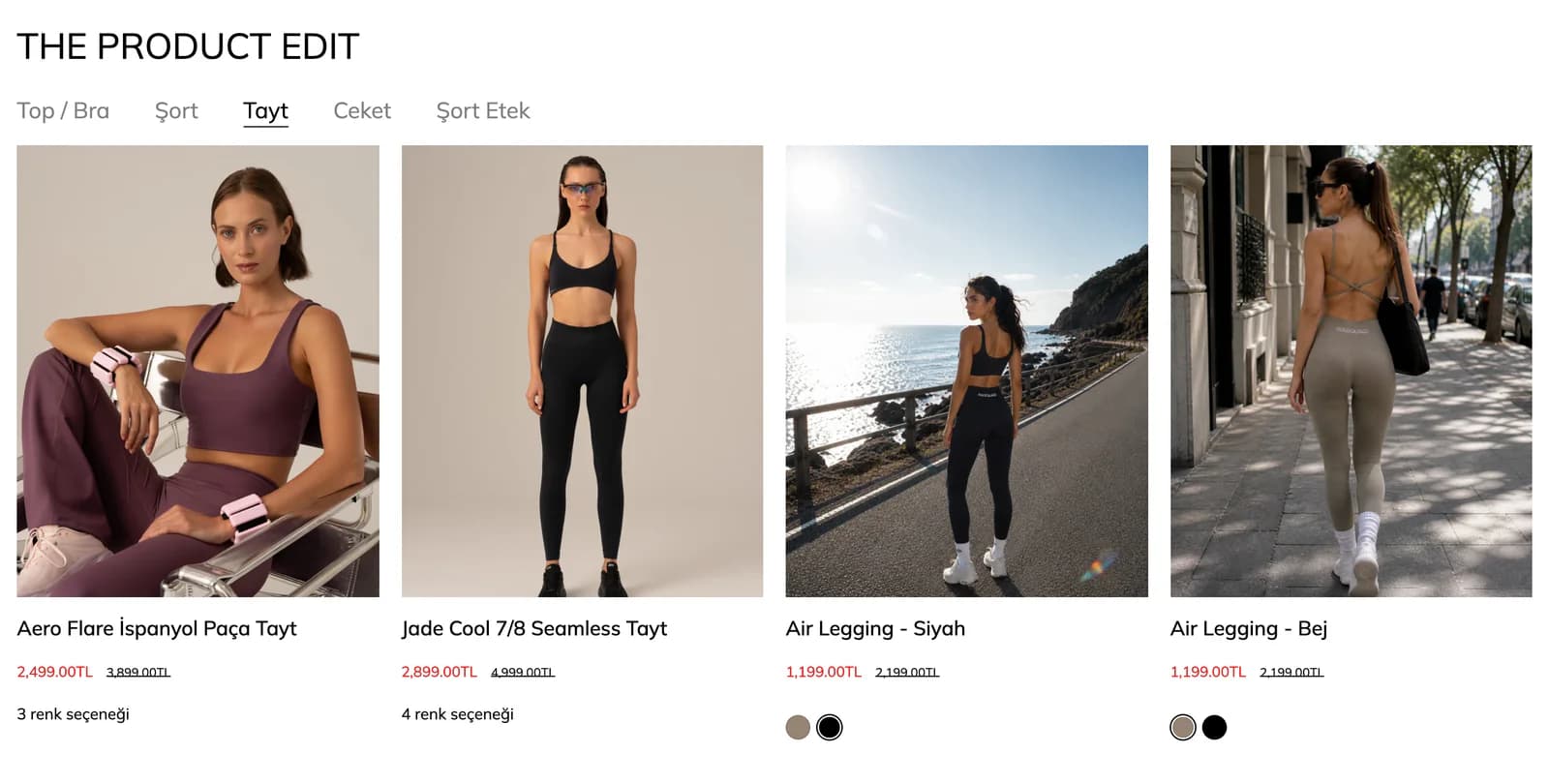 The Product Edit section on the Rasquad homepage: tabs for Top / Bra, Shorts, Leggings, Jacket and Skort; the Leggings tab shows four leggings cards with model photos, sale prices and color options.