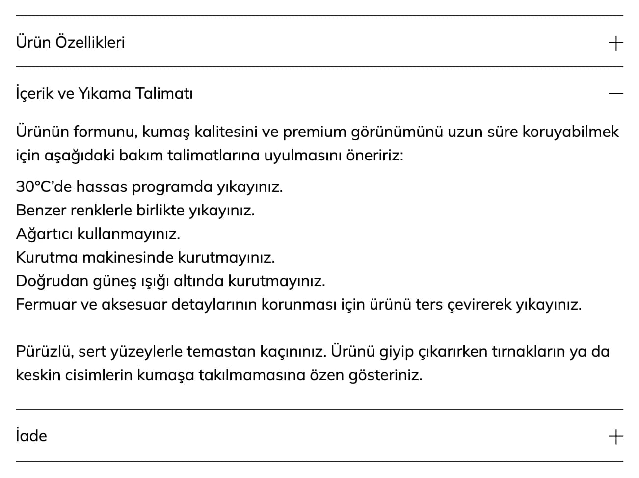 Rasquad ürün sayfasında ayrı açılır alanlar: Ürün Özellikleri, İçerik ve Yıkama Talimatı ve İade; İçerik ve Yıkama Talimatı açık.