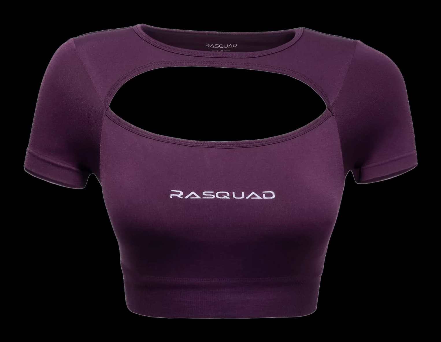 Rasquad Curve Crop Top, saydam zeminde: önü oyuk, göğsünde beyaz RASQUAD yazılı mürdüm kısa kollu crop top.