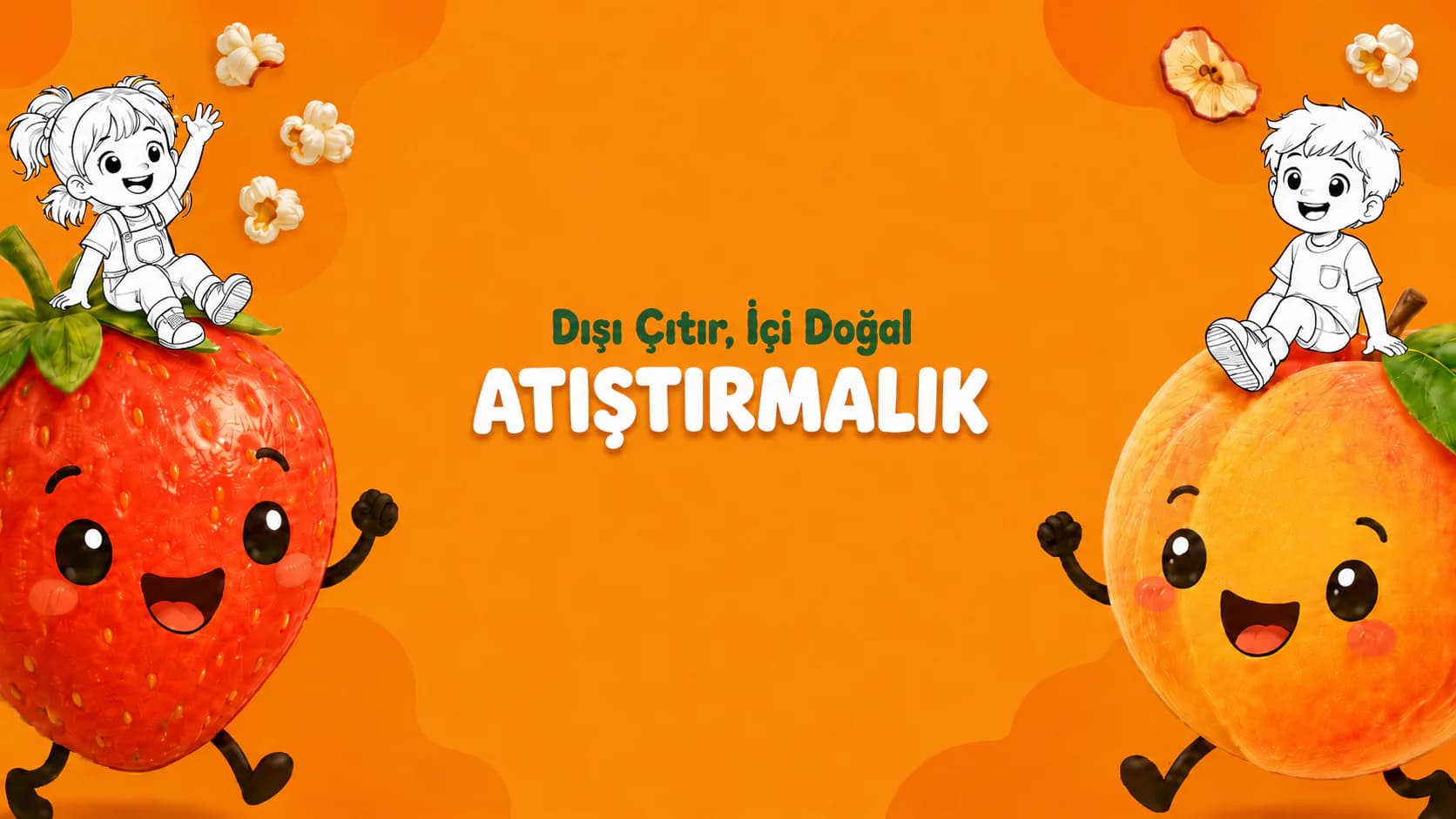 Tam marka bandı görseli: turuncu zeminde Dışı Çıtır, İçi Doğal ATIŞTIRMALIK yazısı, iki yanda üzerlerinde çizgi çocuklar oturan gülen çilek ve şeftali karakterleri ve uçuşan popcornlar.