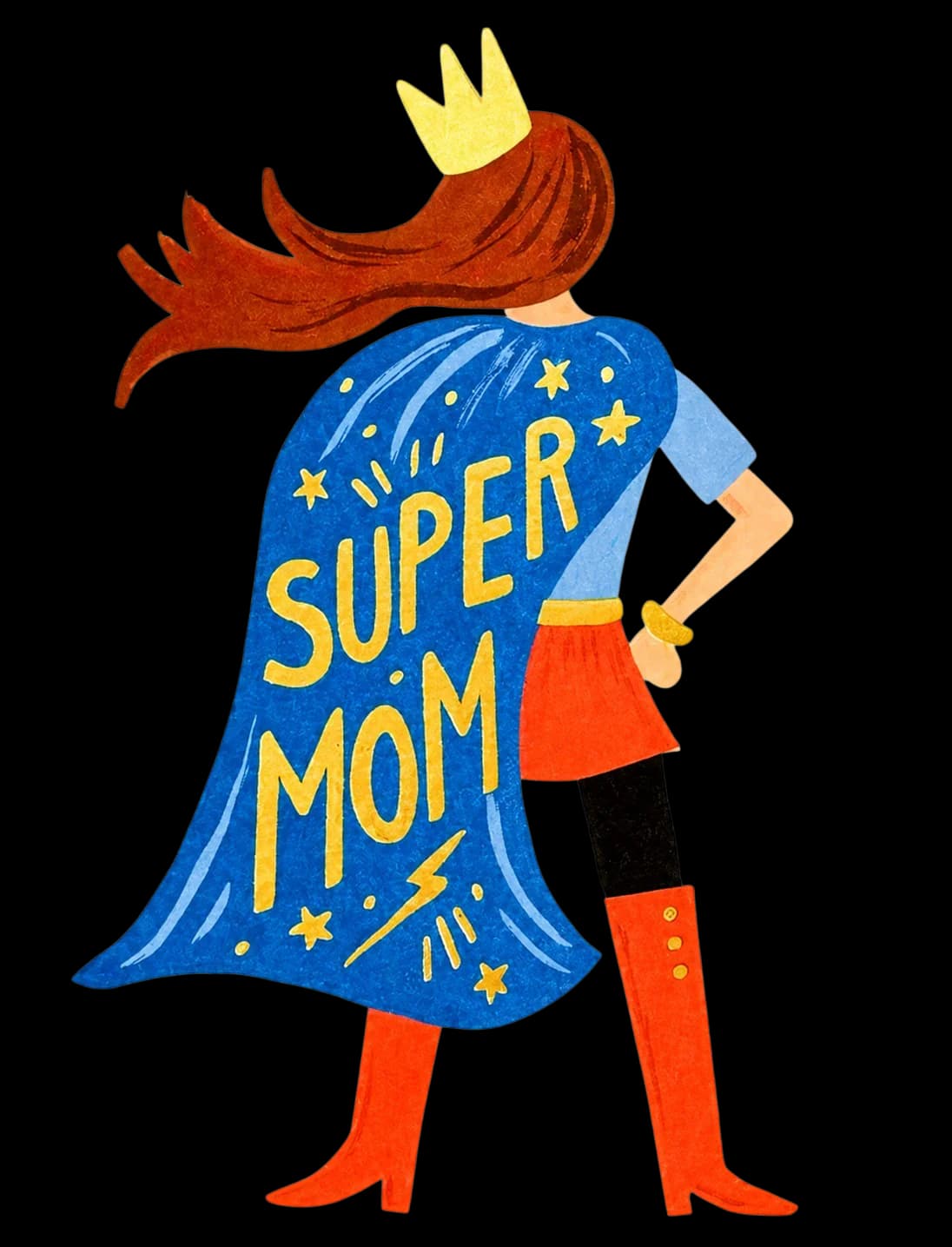 Süper Anne karakteri, saydam zeminde: sırtında Super Mom yazan yıldızlı mavi pelerin, taç ve kırmızı çizmeli, eli belinde duran anne.