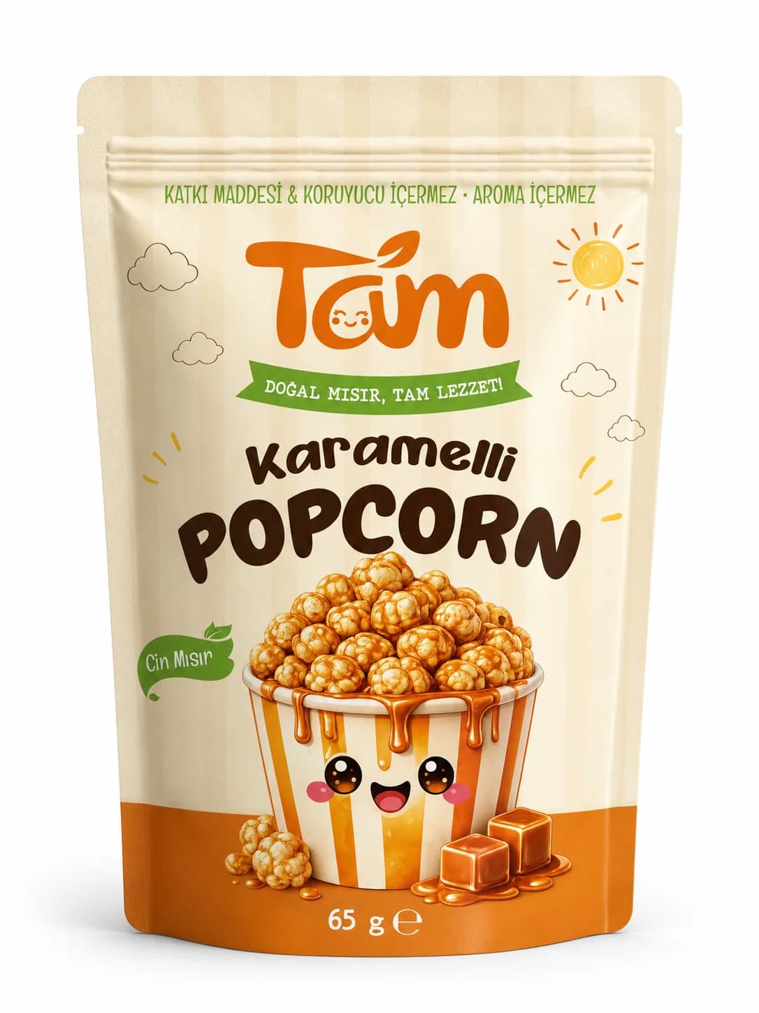 Tam Karamelli Popcorn 65 g ambalajı: krem ve turuncu paketin üzerinde gülen popcorn kutusu karakteri ve Tam logosu.
