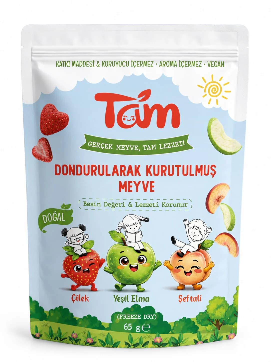 Tam Dondurularak Kurutulmuş Meyve ambalajı: açık mavi paketin üzerinde çilek, yeşil elma ve şeftali karakterleri ve meyve dilimleri.