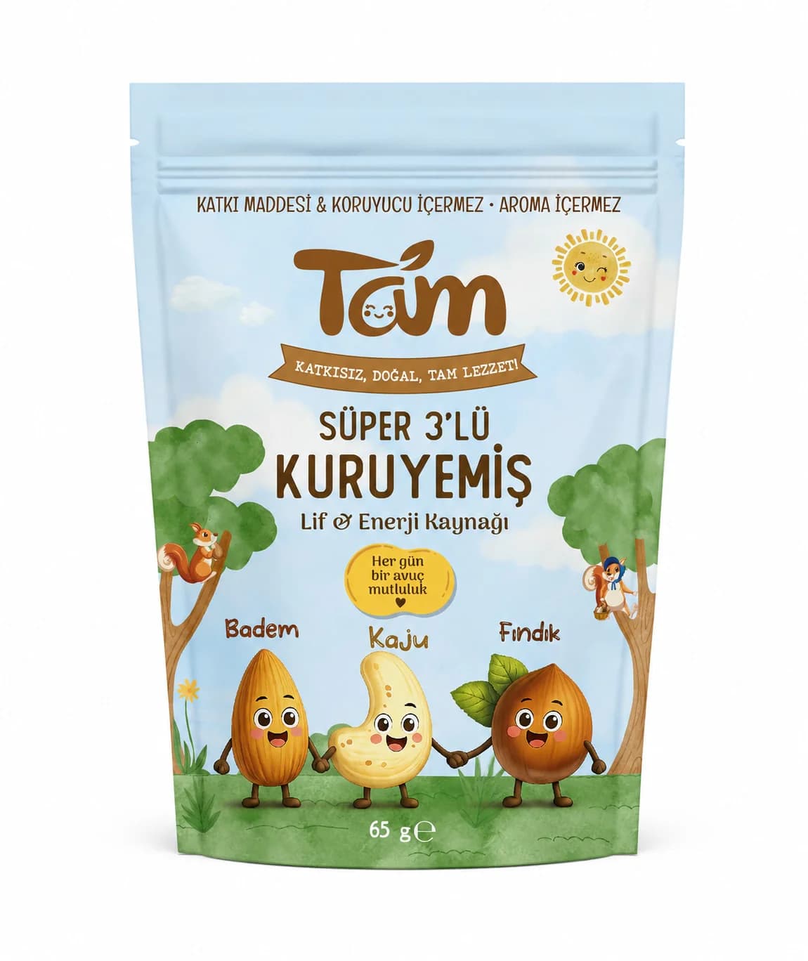 Tam Süper 3'lü Kuruyemiş ambalajı: açık zeminli paketin üzerinde ağaç ve badem, kaju ve fındık karakterleri.