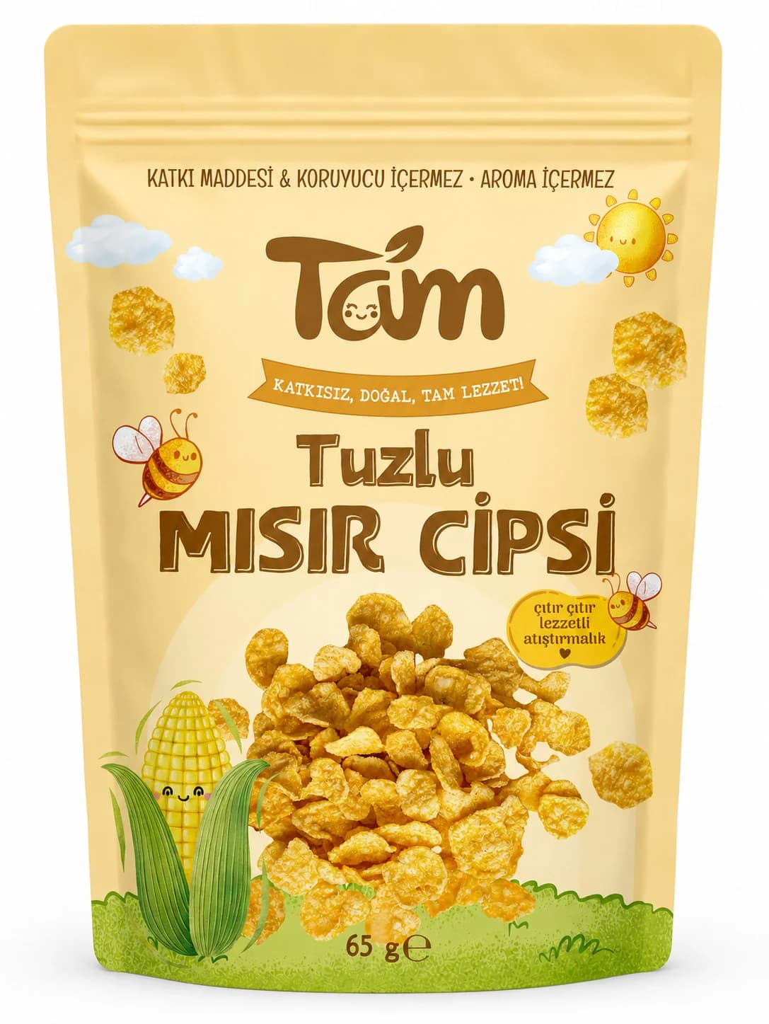 Tam Tuzlu Mısır Cipsi 65 g ambalajı: sarı paketin üzerinde mısır cipsleri, mısır koçanı ve arı çizimi.