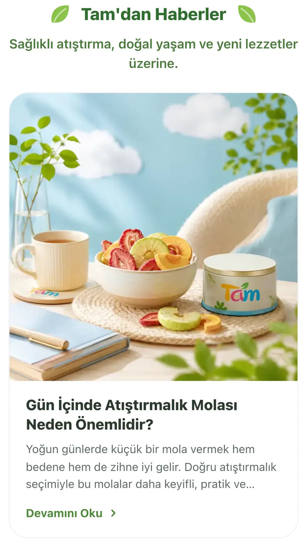 Tam ana sayfasındaki Tam'dan Haberler alanı telefonda: yapraklı yeşil başlık ve Sağlıklı atıştırma, doğal yaşam ve yeni lezzetler üzerine alt başlığı; altında aydınlık bir masada çay fincanı, kurutulmuş meyve dolu kâse ve Tam logolu teneke kutunun görüldüğü kapakla Gün İçinde Atıştırmalık Molası Neden Önemlidir? yazısının kartı, kısa özeti ve Devamını Oku bağlantısı.