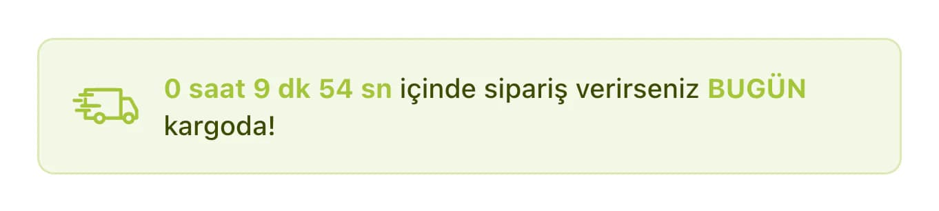 Tam ürün sayfasındaki kargo sayacının yakın planı: açık yeşil kutuda kargo aracı simgesi ve 0 saat 9 dk 54 sn içinde sipariş verirseniz BUGÜN kargoda! yazısı.