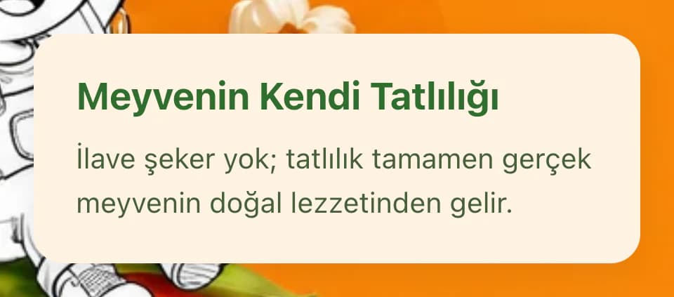 Tam ana sayfasındaki turuncu marka bandından bir kartın yakın planı: krem kartta yeşil Meyvenin Kendi Tatlılığı başlığı ve ilave şeker yok, tatlılık tamamen gerçek meyveden gelir açıklaması; arkada turuncu zemin ve çizgi çocuk karakterinin bir kısmı.
