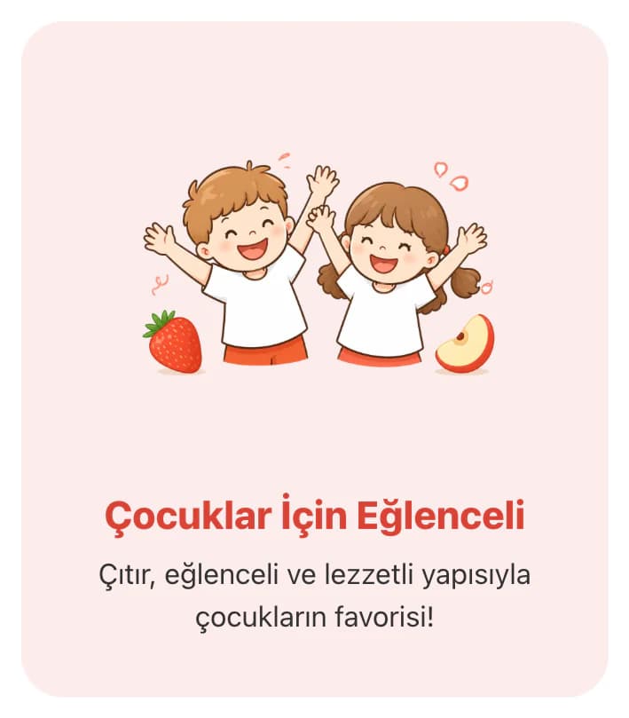 Tam ana sayfasındaki Neden Tam? kartlarından biri: açık pembe zeminde kollarını açmış gülen iki çocuk, çilek ve elma dilimi illüstrasyonu, kırmızı Çocuklar İçin Eğlenceli başlığı ve çıtır, eğlenceli ve lezzetli yapısıyla çocukların favorisi açıklaması.