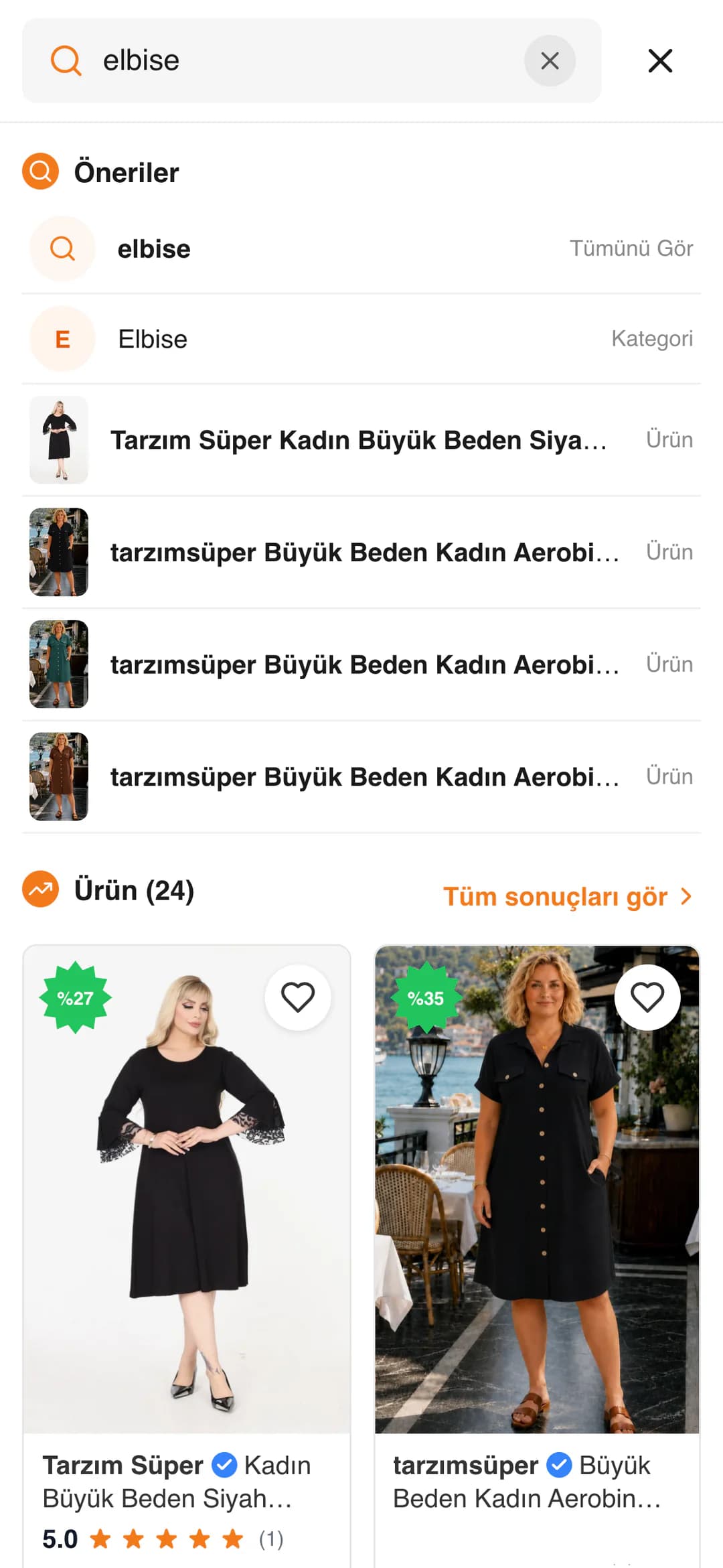 Tarzım Süper aramasında elbise yazılınca telefonda: Öneriler listesinde aramanın tamamını gösteren satır, Kategori etiketli Elbise satırı ve görselli ürün önerileri; altında Ürün (24) başlığıyla elbise kartları.