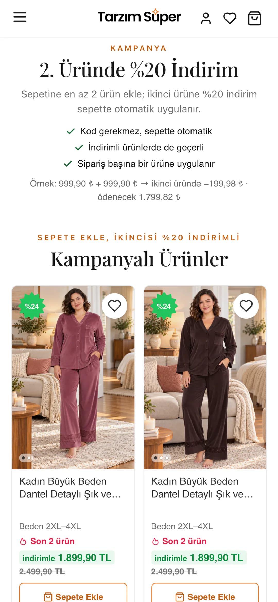 Tarzım Süper'in 2. Üründe %20 İndirim kampanya sayfası telefonda: kampanyanın sepette otomatik uygulandığını anlatan kısa açıklama, kod gerekmez, indirimli ürünlerde de geçerli ve sipariş başına bir ürüne uygulanır maddeleri, örnek hesap ve altında Kampanyalı Ürünler kartları.