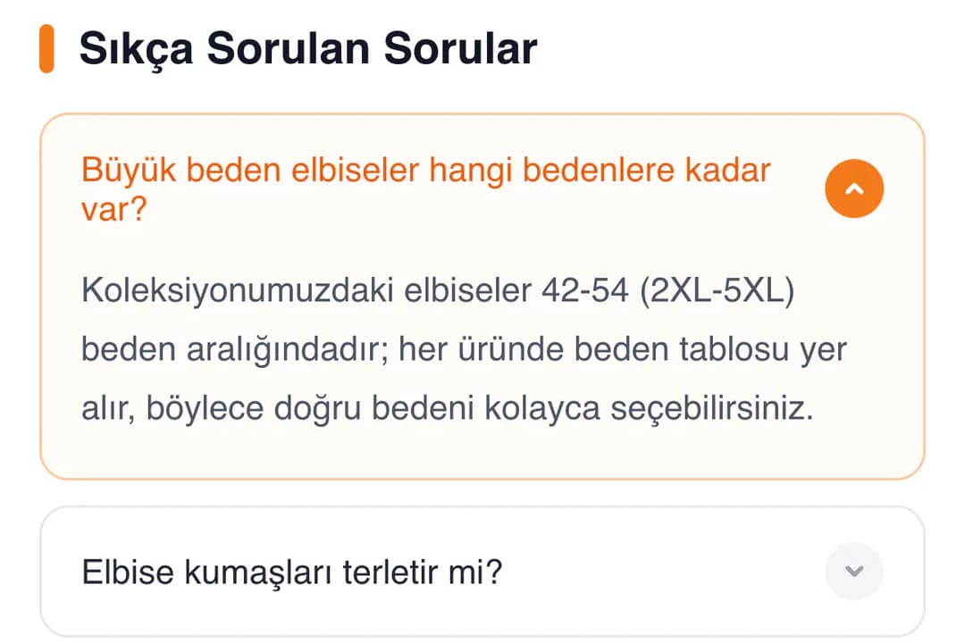 Tarzım Süper Elbiseler kategorisine özel Sıkça Sorulan Sorular telefonda: Büyük beden elbiseler hangi bedenlere kadar var? sorusu açık, cevabı 42-54 (2XL-5XL) beden aralığını ve her üründe beden tablosu olduğunu söylüyor; altında kapalı Elbise kumaşları terletir mi? sorusu.