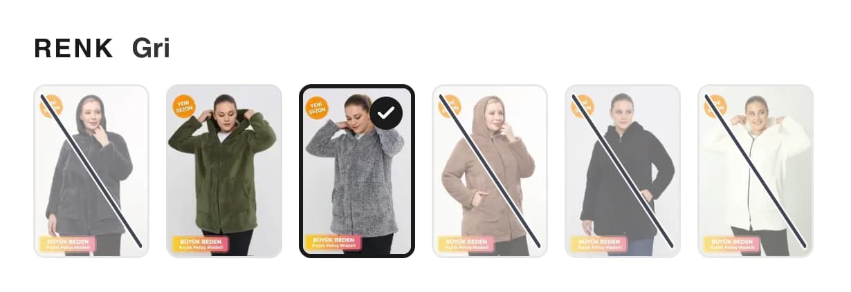 Tarzım Süper renk seçicisinin yakın planı: Renk Gri yazısının altında ürünün altı rengi küçük fotoğraflarla; Gri seçili ve işaretli, Haki seçilebilir, tükenen antrasit, kahve, siyah ve beyaz renkler çaprazlama çizgili.