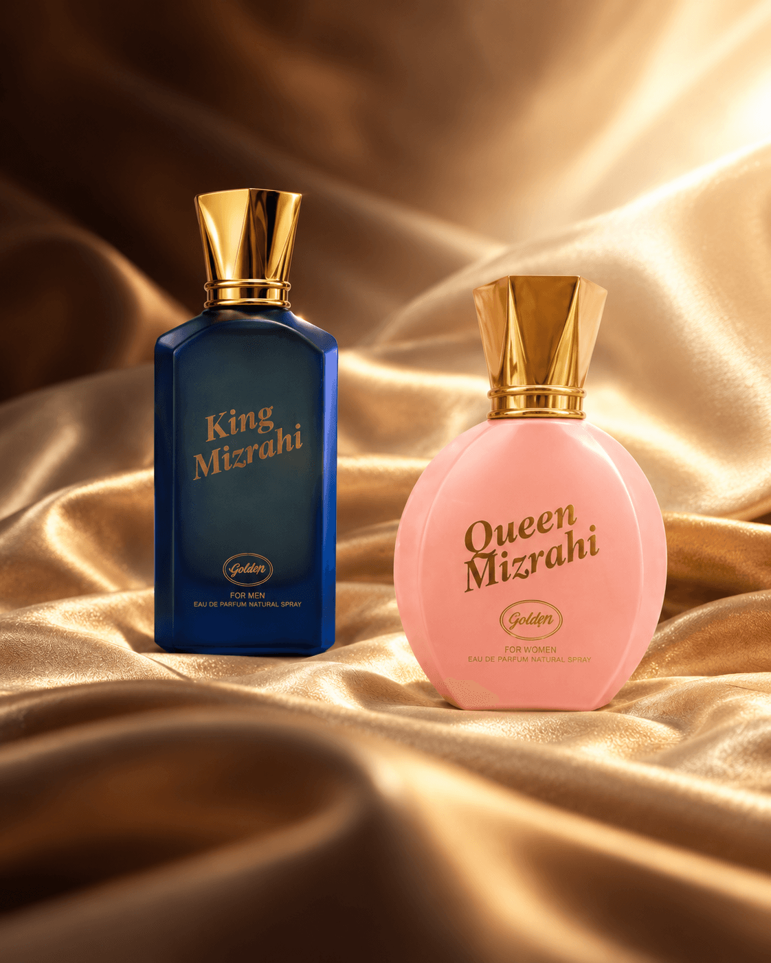 Goldmi kapağı: altın rengi saten kumaş üzerinde lacivert King Mizrahi ve pembe Queen Mizrahi parfüm şişeleri