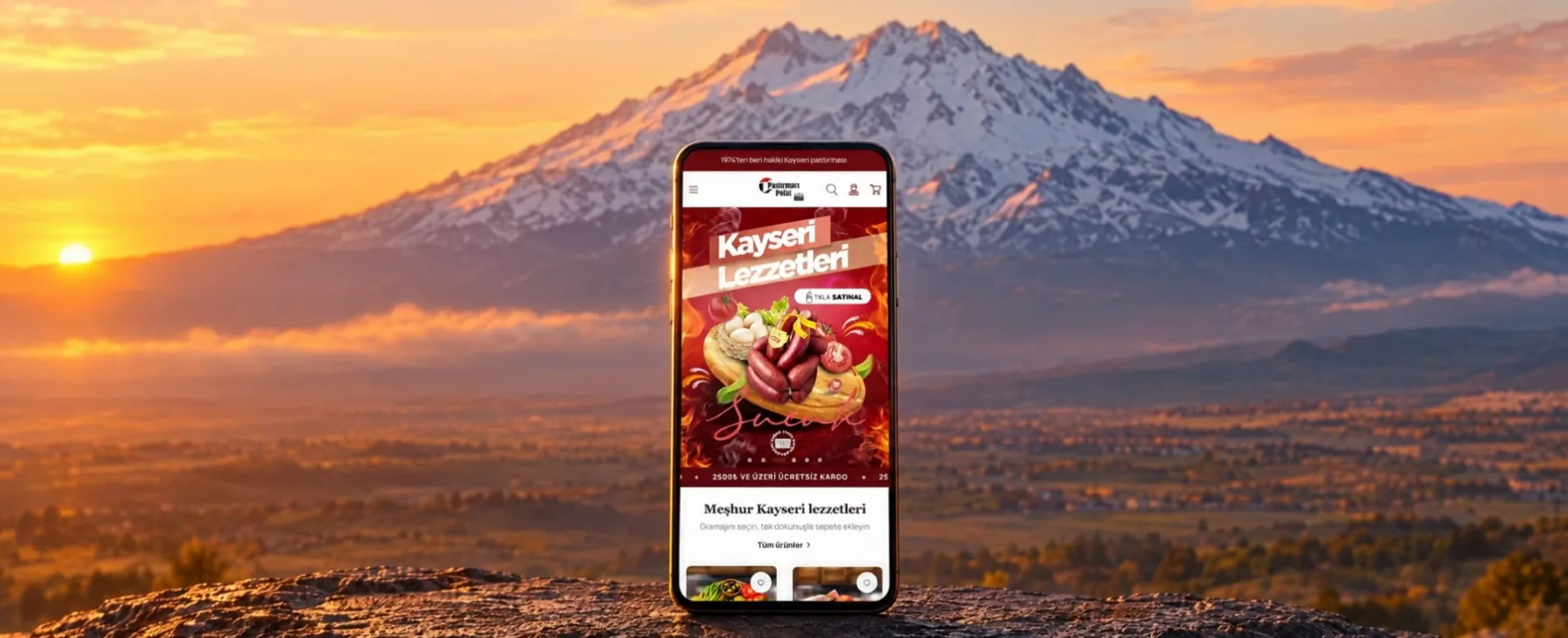 Erciyes'in önünde gün doğarken Pastırmacı Polat mağazası açık telefon