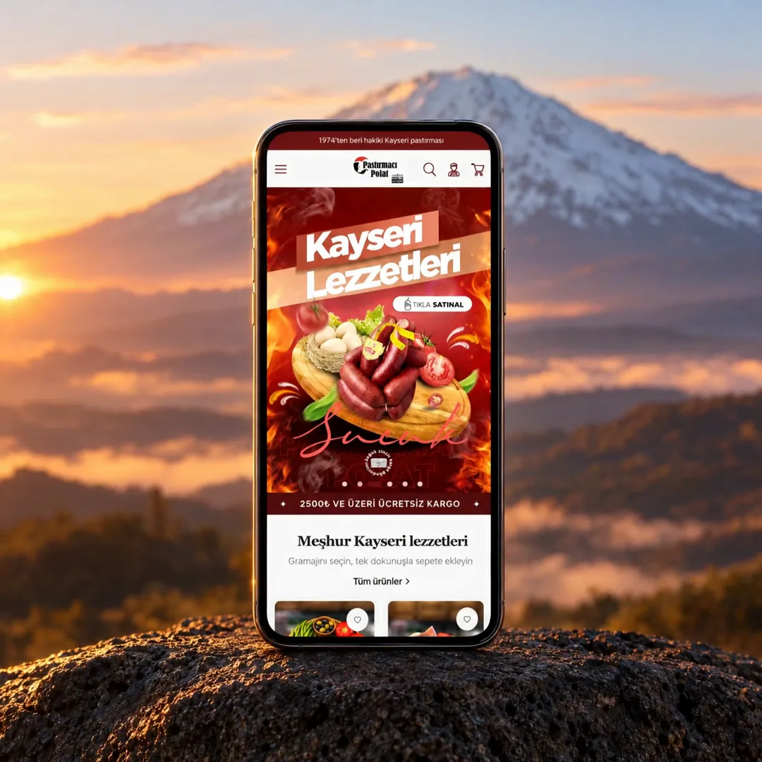 Erciyes'in önünde gün doğarken Pastırmacı Polat mağazası açık telefon