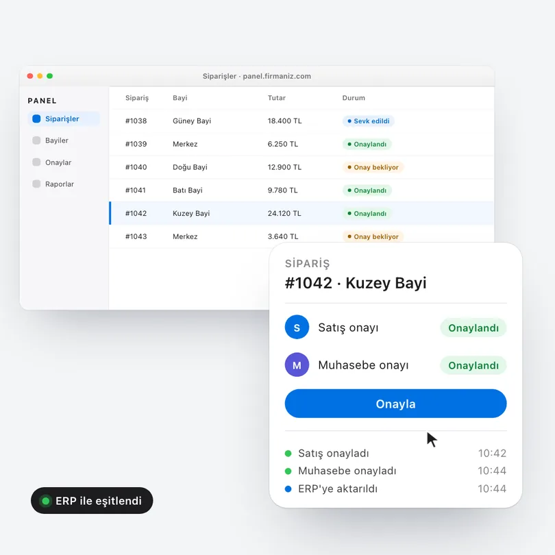 Excel'de dağınık tutulan siparişler ve mesajla sorulan onaylar, durum hapları olan bir web uygulamasına dönüşüyor; bir sipariş seçilip onaylanıyor, işlem kaydı ve ERP eşitlemesi görünüyor